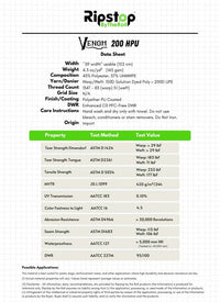 Ripstop Venom 200 HPU data sheet with technical specifications on a white background
