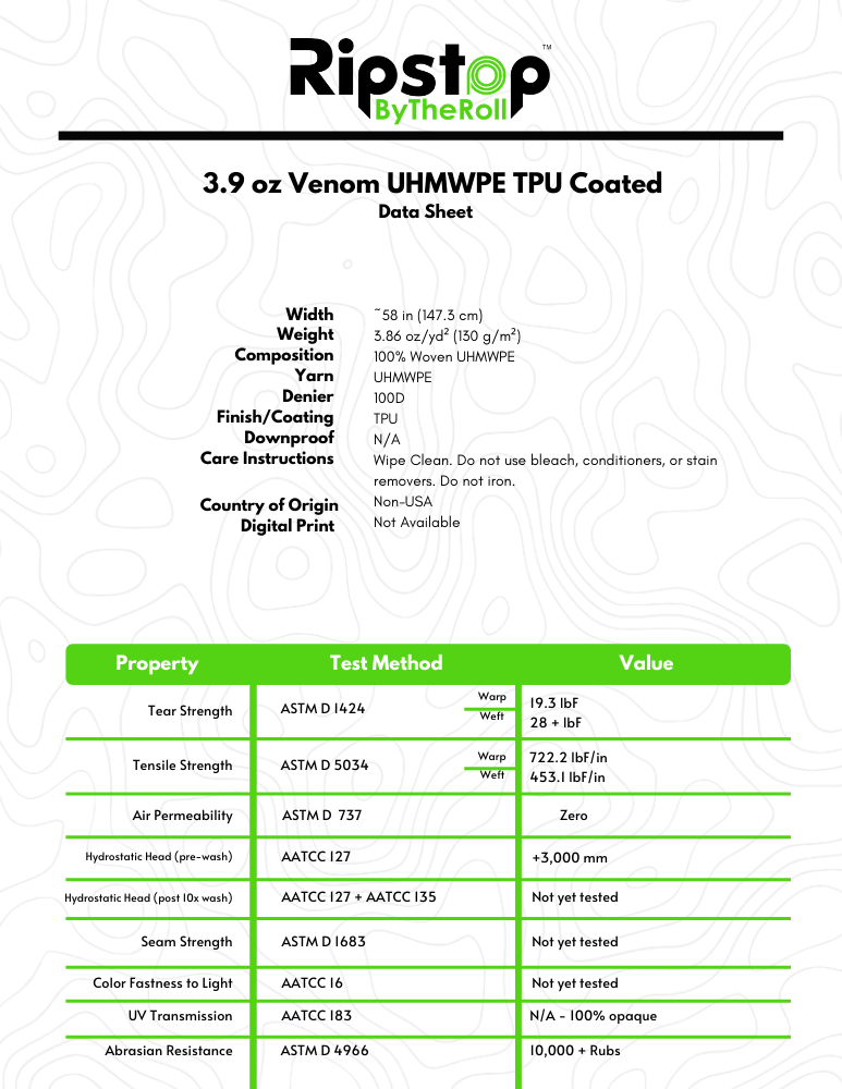 3.9 oz Venom UHMWPE TPU Coated - Full Roll