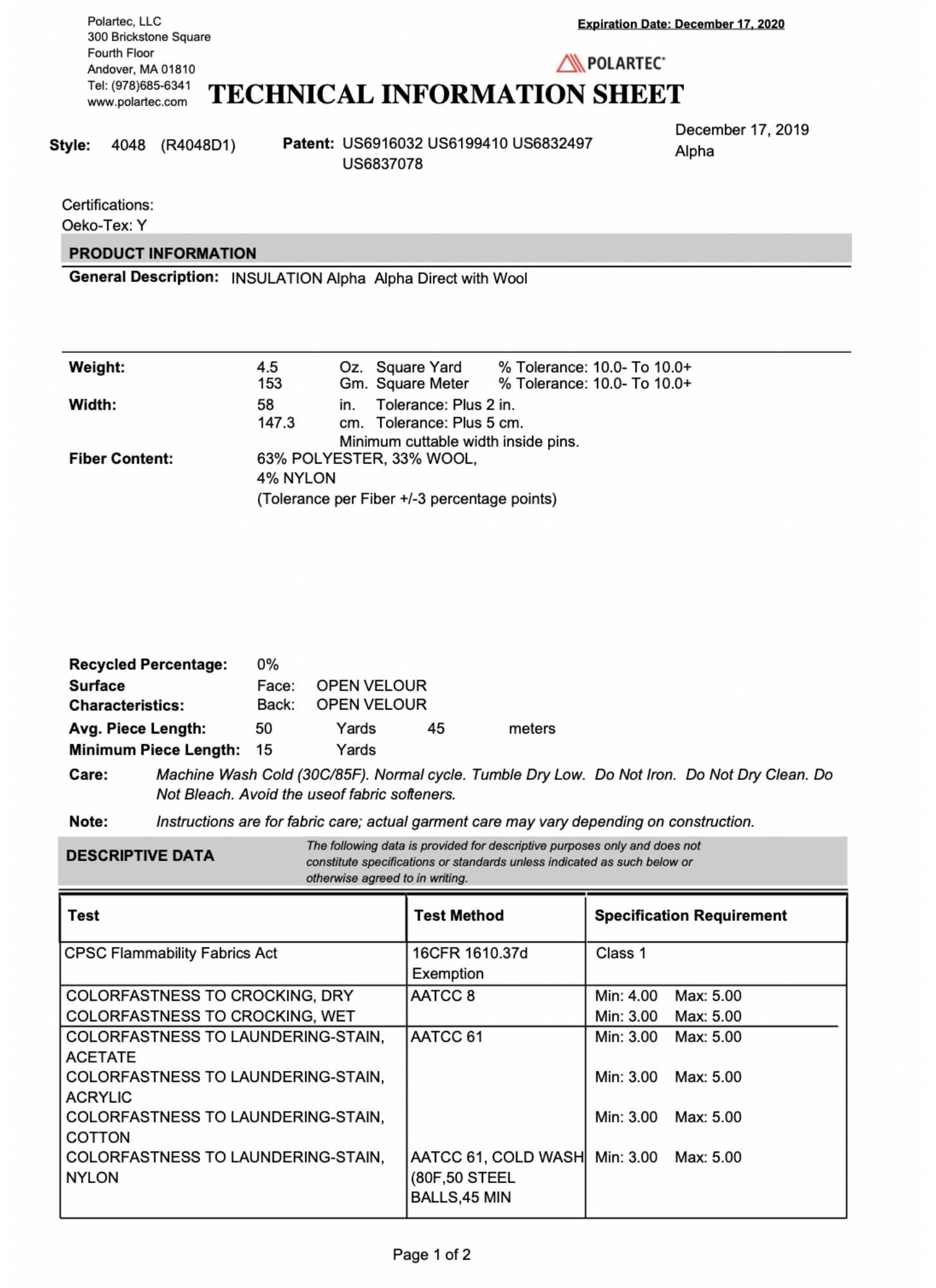 Polartec® Alpha Direct with Wool 4048