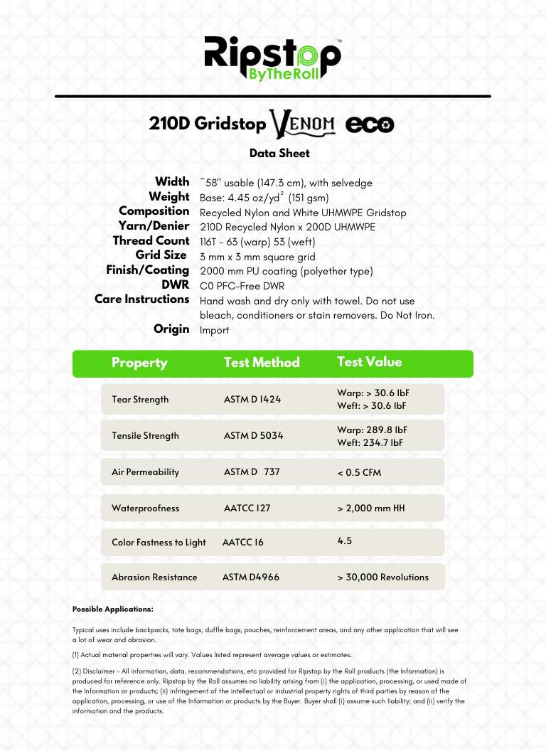 210D Venom™ Gridstop ECO | UHMWPE Ripstop - Ripstop by the Roll