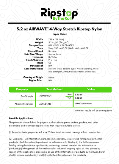 5.2 oz AIRWAVE™ 4-Way Stretch Ripstop Nylon - Full Roll