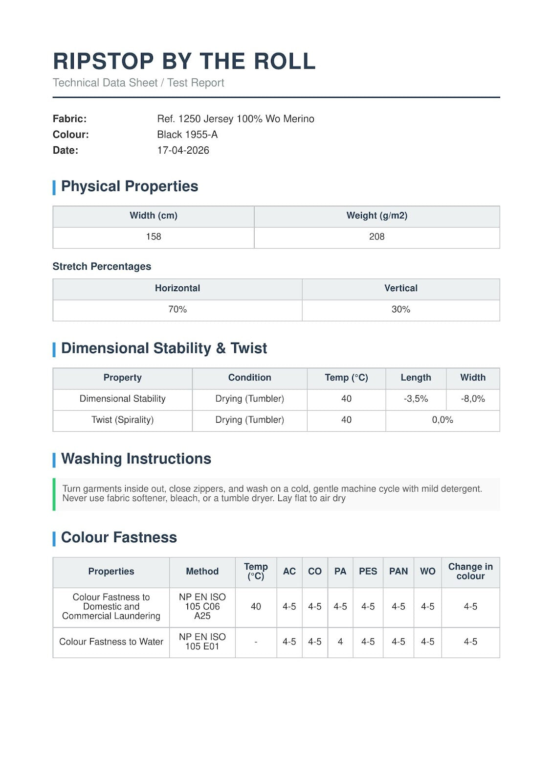 100% Merino Wool Jersey - 208 gsm