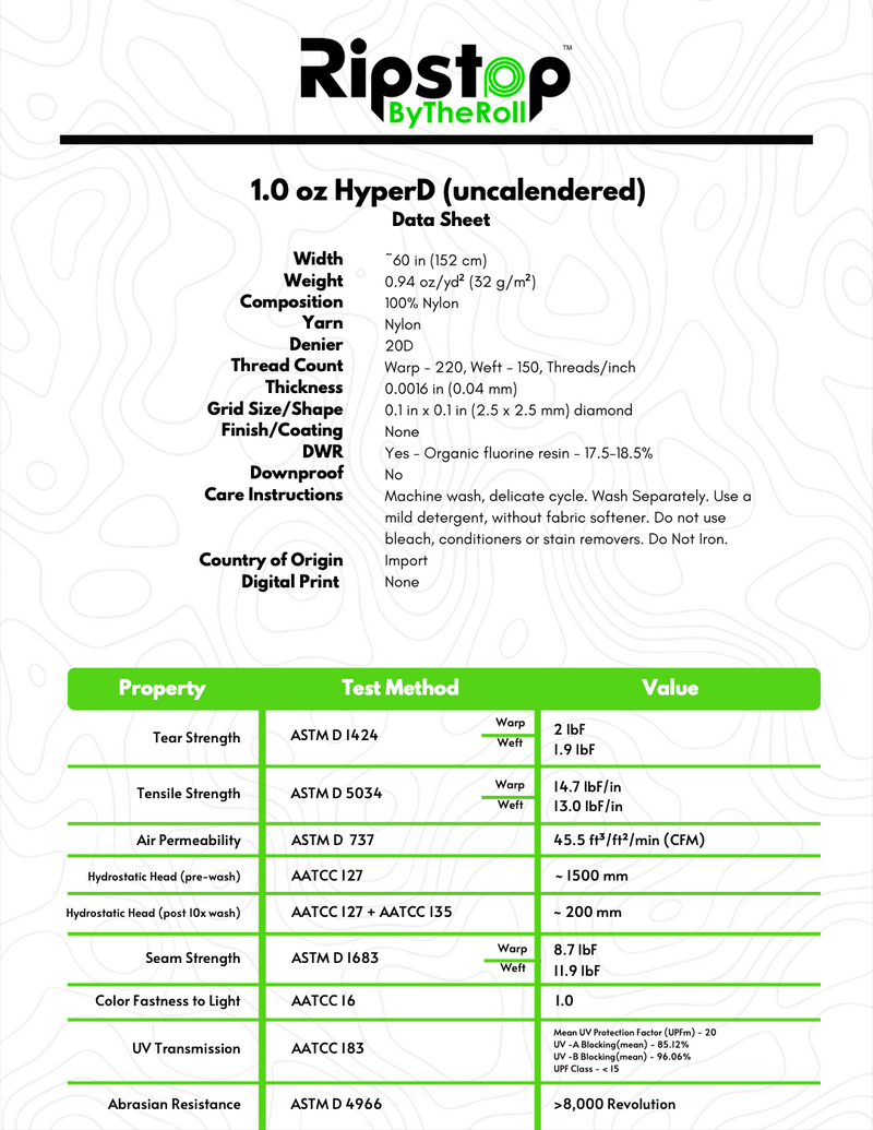 1.0 oz HyperD™ | Hammocks, Apparel, Lightweight Nylon - Ripstop by the Roll